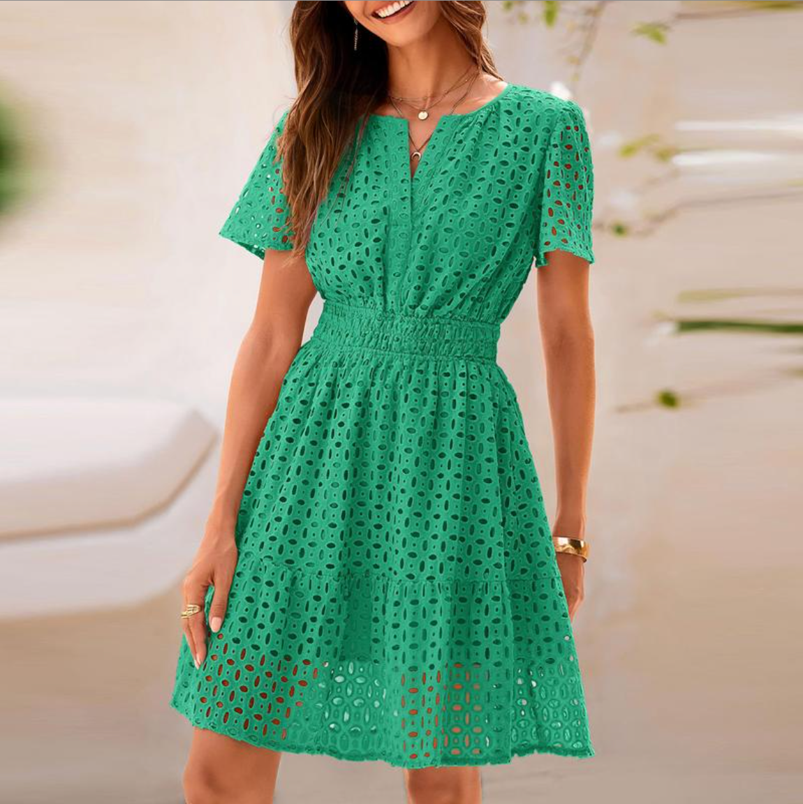 Emerald Ease – Eyelet Waist-Tie Mini Dress