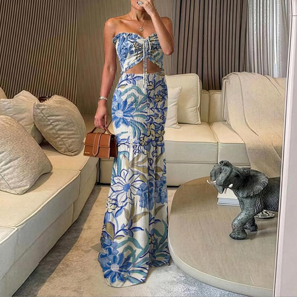 Azure Escape – Strapless Cut-Out Maxi Dress