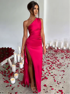 Champagne Poise – One-Shoulder Satin Split Maxi Dress