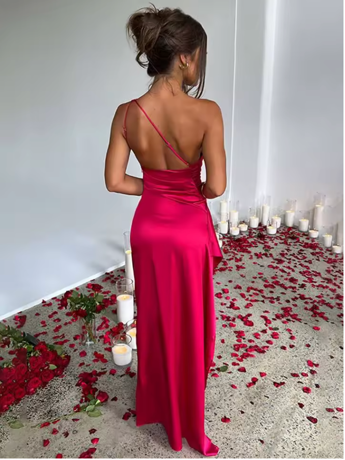 Champagne Poise – One-Shoulder Satin Split Maxi Dress