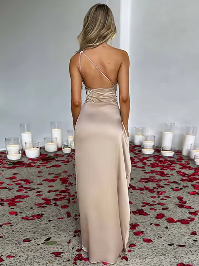 Champagne Poise – One-Shoulder Satin Split Maxi Dress