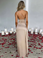 Champagne Poise – One-Shoulder Satin Split Maxi Dress