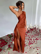 Champagne Poise – One-Shoulder Satin Split Maxi Dress