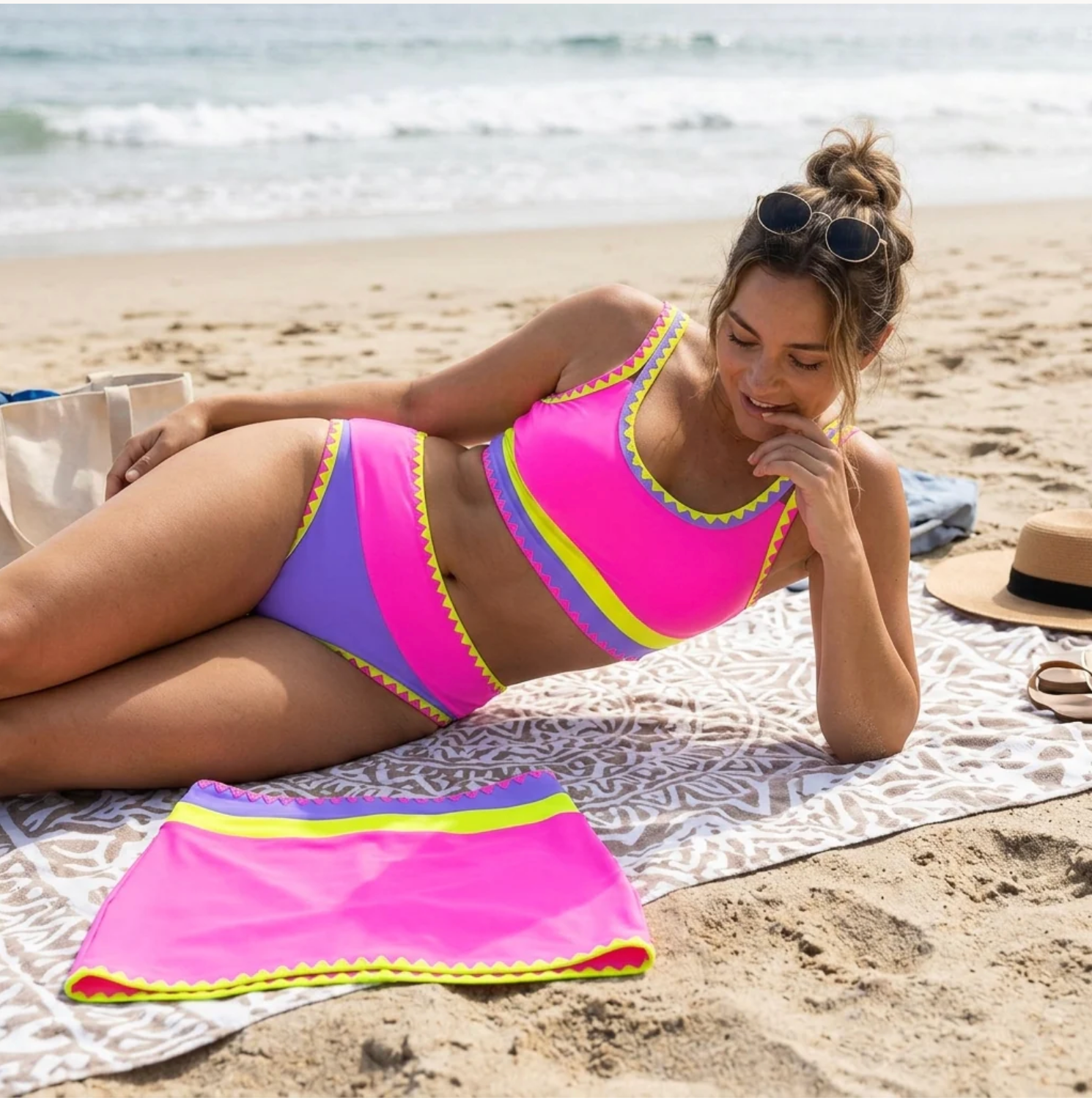Electric Tide – Scalloped Edge 3-Piece Bikini Skirt Set