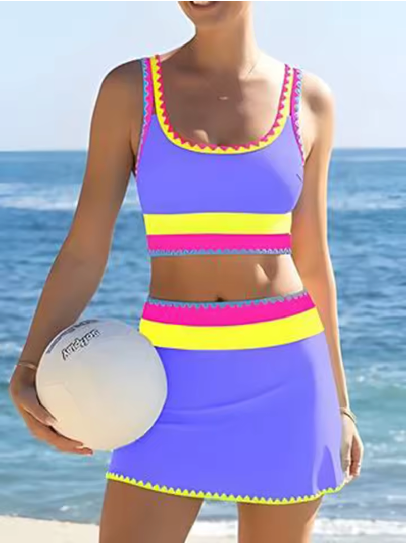 Electric Tide – Scalloped Edge 3-Piece Bikini Skirt Set