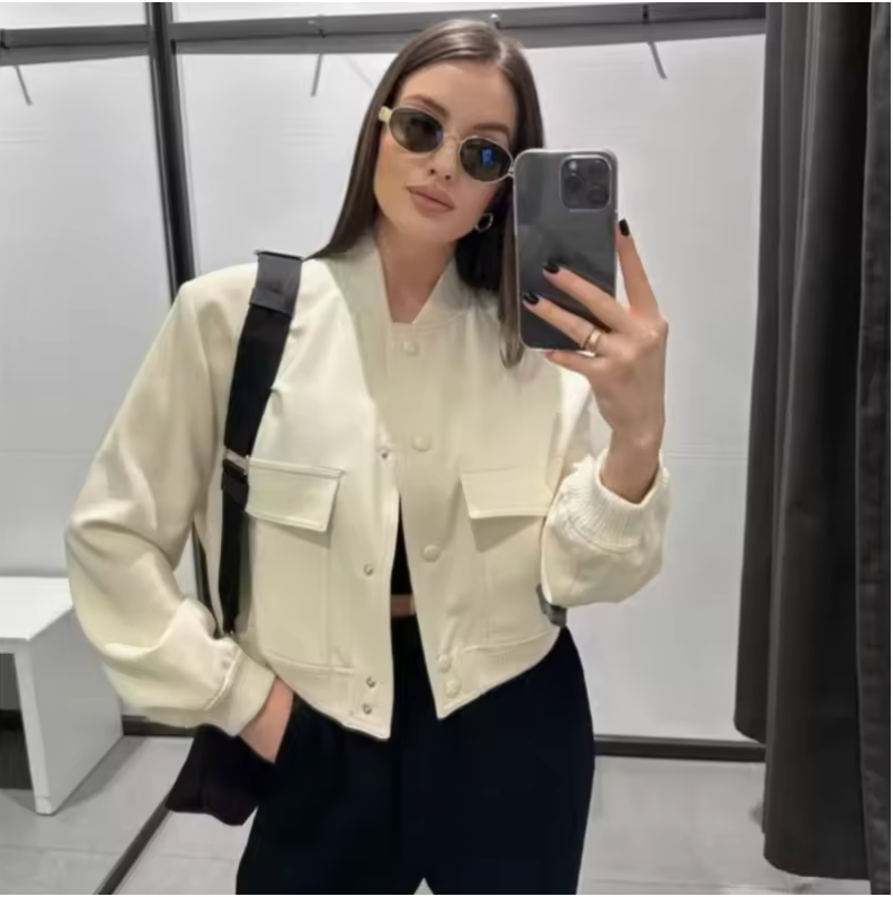 Alabaster Mode – Slim Cropped Pocket Bomber Jacket