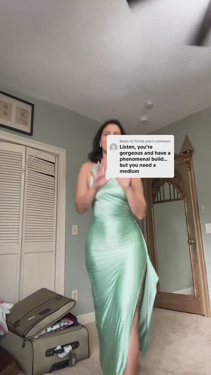 Champagne Poise – One-Shoulder Satin Split Maxi Dress